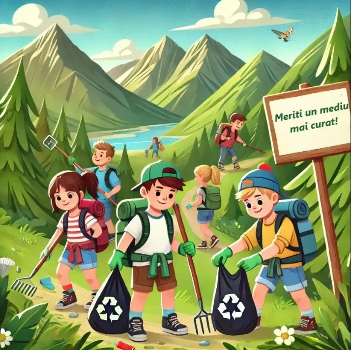 Ilustrație: copii cu rucsacuri și saci de gunoi pe un traseu montan, lângă un indicator „Meriți un mediu mai curat!”